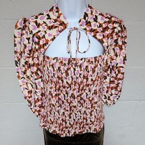 Maeve By Anthropologie Smocked Top Keyhole Front And Back Puff Sleeves Size L